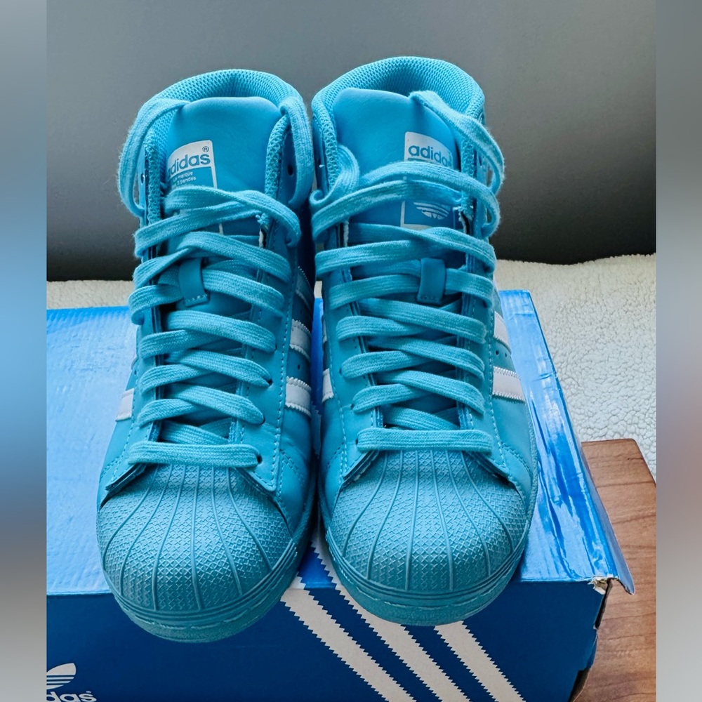 Blue adidas Kids Teal Shell-Toe Sneakers with White Stripes
